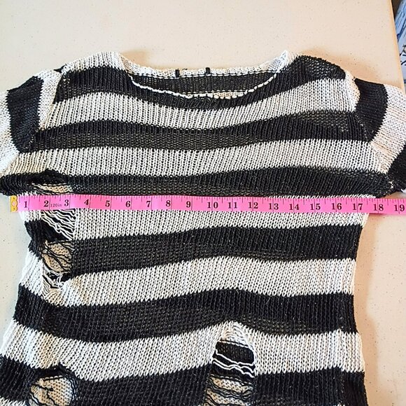 Distressed Striped Sweater Grunge Punk Knit Top Shredded Black White (Fits M) - Picture 6 of 13